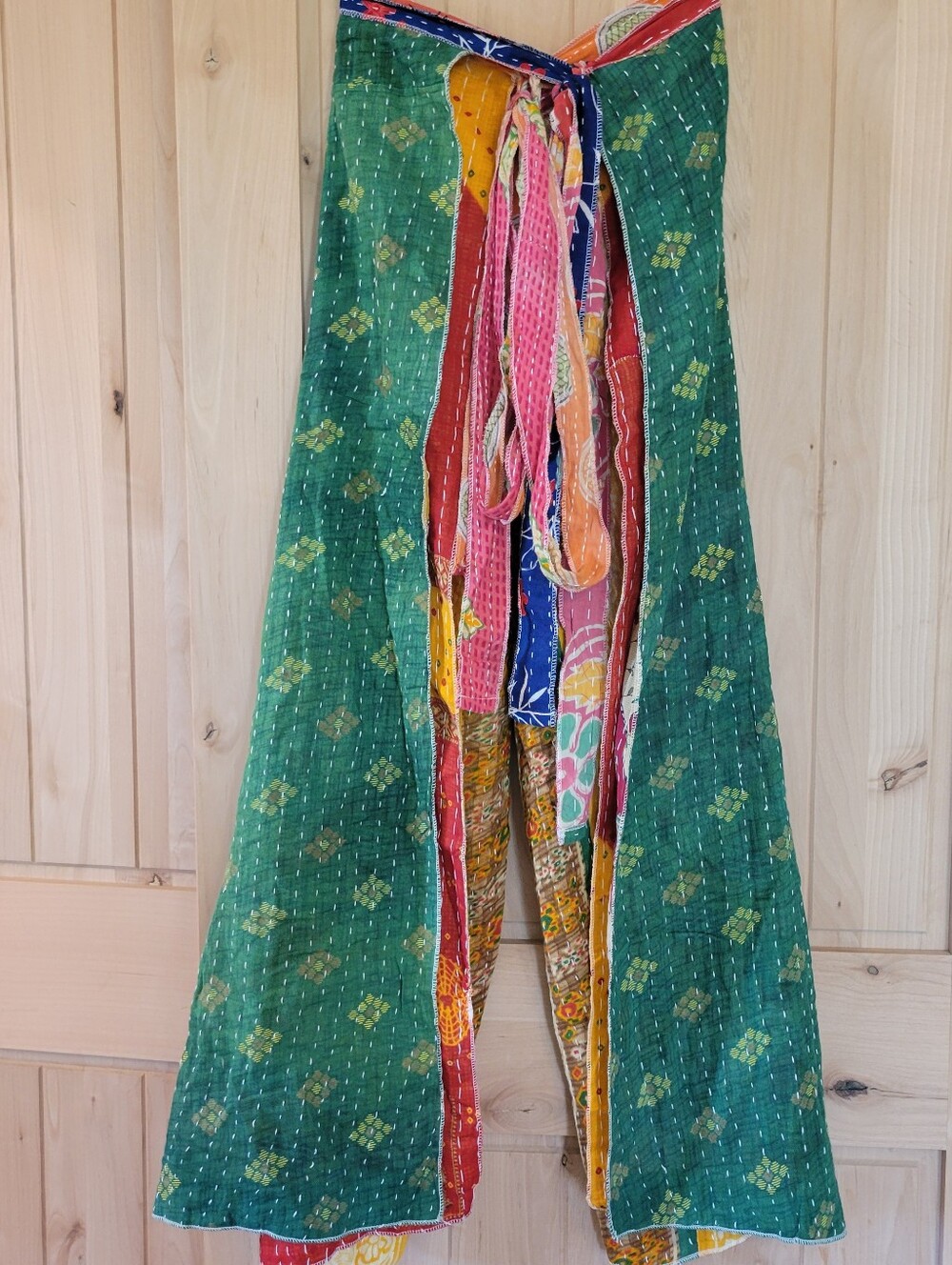 Bohemian Kantha Patchwork Tie-Waist Pants